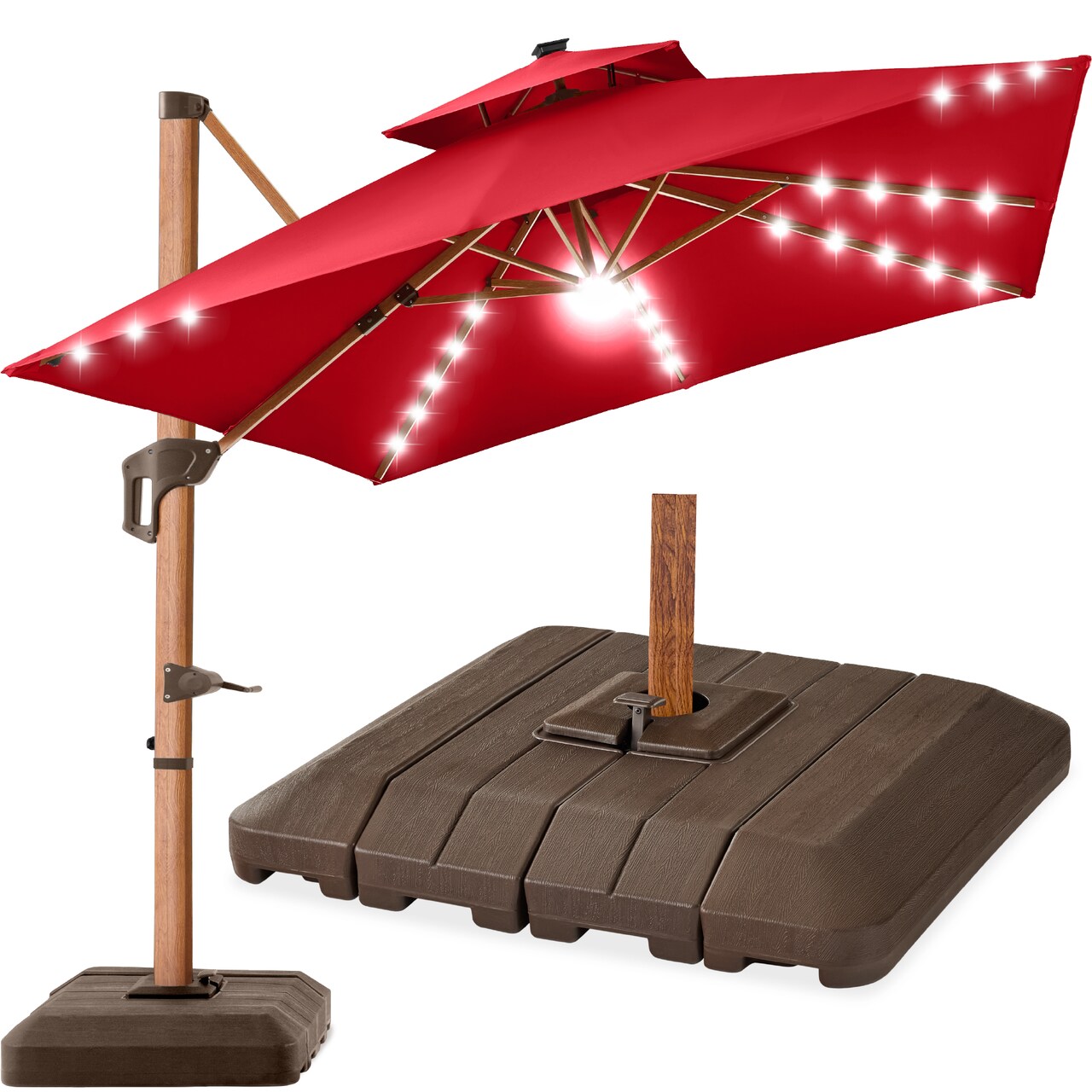Best Choice Products 10ft Square Woodgrain Pattern 2-Tier Outdoor Solar LED Cantilever Umbrella w/ Base